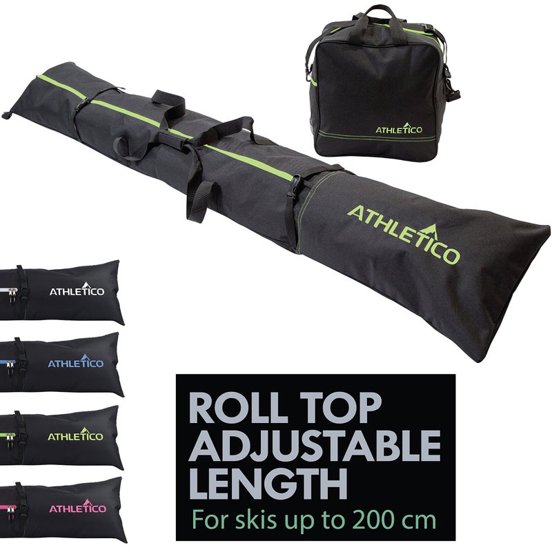 Athletico Two-Piece Ski and Boot Bag Combo | Store & Transport Skis Up to 200 CM and Boots Up To Size 13 | Includes 1 Ski Bag & 1 Ski Boot Bag (Black with Green Trim) - Image 1